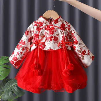 Сетчатое платье принцессы с вышивкой для маленьких девочек, детское красное праздничное платье для детей 0-8 лет, одежда для китайского Нового года