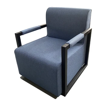 Синий одноместный диван-кресло с подлокотниками из массива дерева, Квадратная кожаная спинка среднего размера, кресло для гостиной
