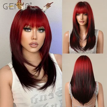 Синтетический парик для косплея, красно-черный, длинный прямой парик с челкой, многослойные парики для Рождественской вечеринки для женщин, термостойкие