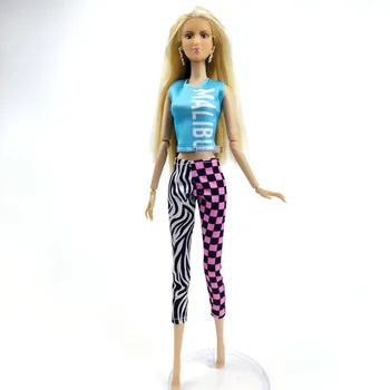 Синяя футболка, топ, брюки в стиле пэчворк, модный комплект одежды для куклы Барби, аксессуары для кукол 1/6, детские игрушки