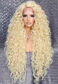 Смесь человеческих волос, парик с полным кружевом спереди, длинный плотный вьющийся блондин, Heat OK #613 Soft