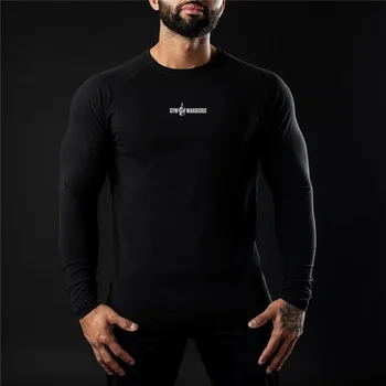 Спортивная рубашка для фитнеса с однотонным принтом, мужская футболка из дышащего хлопка с длинным рукавом, модная облегающая одежда для занятий бодибилдингом в тренажерном зале