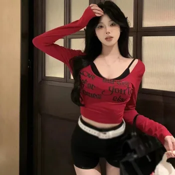 Тонкий сексуальный модный топ с буквенным принтом, укороченный топ из двух частей, женская футболка Корейская версия, весна-осень, красная