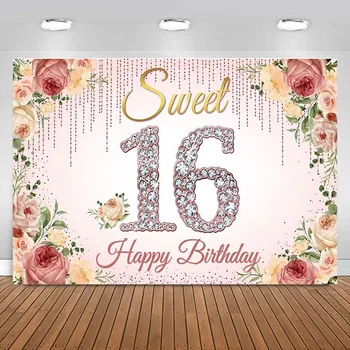 Украшения на День рождения Happy 16, фон из розового золота, баннер для девочек, Розовый цветочный фон для фотосъемки вечеринки Sweet Sixteen
