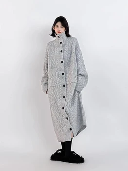 Утолщенный серый кардиган в ленивом стиле, свитер выше колена с длинными рукавами, женская осенне-зимняя водолазка, свободное пальто, длинная юбка, шикарный