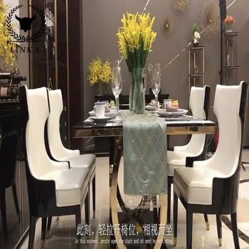 Фабрика альтернативной переработки китайской мебели Современный Легкий Обеденный стол с роскошной мраморной плитой и ножками из нержавеющей стали