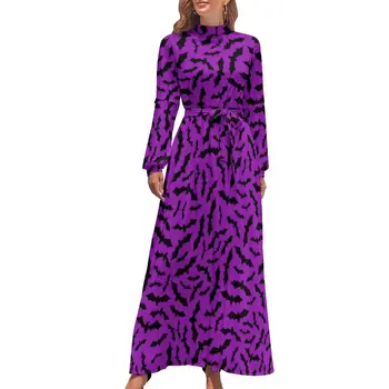 Фиолетовое платье с принтом летучих мышей, макси-платье с кавайным дизайном на Хэллоуин, уличная одежда с высоким воротом и длинным рукавом, Пляжные длинные платья