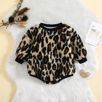 Флисовые свитшоты для маленьких девочек, комбинезоны с леопардовым принтом, круглый вырез, длинные рукава, комбинезоны для младенцев, осенне-зимняя одежда, боди для малышей