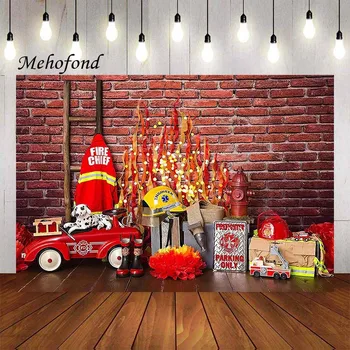 Фон для фотосъемки Mehofond Пожарный Пожарная машина, Мальчик-пожарный, декорация для вечеринки в честь 1-го Дня рождения, Фотостудия