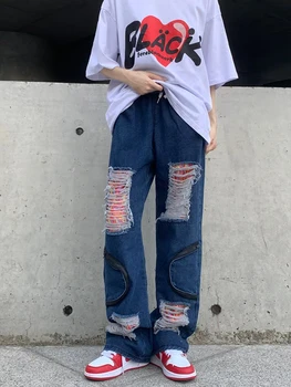 Хип-хоп Американские рваные джинсы Мужские Модные с вышивкой Свободные в стиле пэчворк Прямые Широкие брюки с карманом на молнии Уличная одежда Джинсы Harajuku