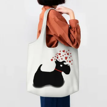 Холщовые сумки для покупок Scottie Dog Love Hearts, женские прочные сумки для покупок с большой вместимостью, сумки для покупок с шотландским терьером, сумки для покупок