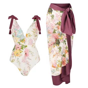 Цельный купальник с глубоким V-образным вырезом и цветочным принтом в стиле ретро, цельный женский халат 2023, купальники-двойки, летняя пляжная одежда, Бразилия