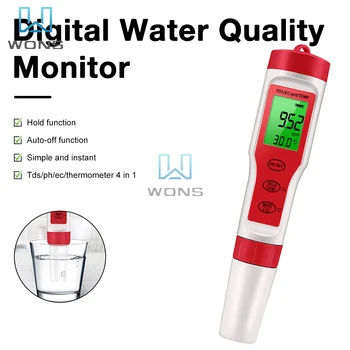Цифровой измеритель pH температуры 4-в-1 с функцией pH/ TDS/ EC/Temp 0-14.0 Диапазон измерения pH Точность 0,1 Тестер качества воды