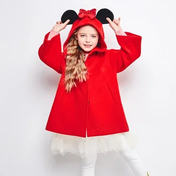 Шерстяное пальто для девочек Disney с Минни Маус, модная осенне-зимняя одежда с милым рисунком из мультфильма, красная праздничная новогодняя детская одежда