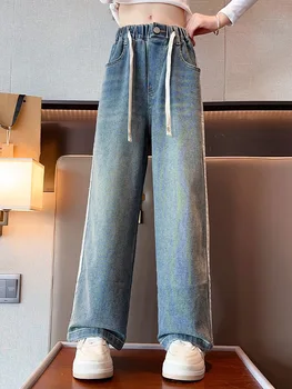 Школьные Широкие брюки для девочек-подростков 2023, Новый дизайн, Повседневные Свободные Весенние Модные Длинные джинсы, Детские брюки в Корейском стиле от 5 до 14 лет
