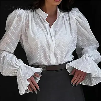 Элегантная однобортная рубашка с длинным расклешенным рукавом, Офисная женская мода, Жаккардовый шифоновый топ, Блузка, Французская Демисезонная женская блузка