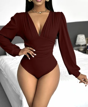 Элегантное боди в рубчик с глубоким V-образным вырезом и рюшами, сексуальные женские комбинезоны 2024 года, элегантная женская одежда.