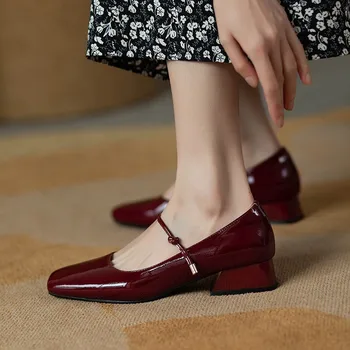 Элегантные женские вечерние туфли во французском стиле на высоком каблуке, платформа, лакированная кожа, Mary Jane, Бордовый, черный, туфли-лодочки на среднем каблуке с квадратным носком.