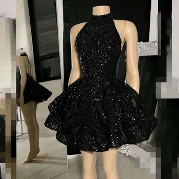 Элегантные Короткие платья для выпускного вечера трапециевидной формы с высоким воротом и открытой спиной, мини-платья для вечеринок с блестками, мини-черный наряд для дня рождения Vestidos De Gala