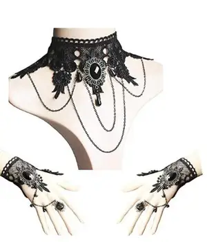 Элегантные украшения в готическом стиле, аксессуары для винтажных костюмов для панк-вечеринки на Хэллоуин, черное колье, кружевное ожерелье с браслетом в комплекте