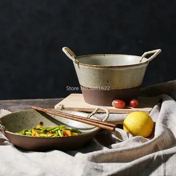 Японский Стиль Керамический Ретро-набор посуды в японском стиле Керамическая посуда ручной работы Бытовая рисовая миска для кухни, предназначенная для проживания в семье