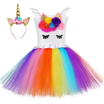 Яркое радужное платье-пачка с единорогом, платья для дня рождения принцессы из тюля с цветочным узором для девочек, костюм единорога на Хэллоуин, одежда для девочек